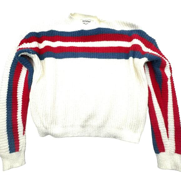 DAVI & DANI | Womens Small Oversized White Knit Pullover Sweater red blue stripe - Picture 2 of 8